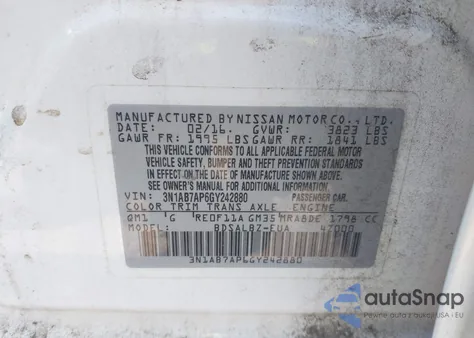 2016 Nissan Sentra S z USA, uszkodzony, nr VIN 3N1AB7AP6GY242880